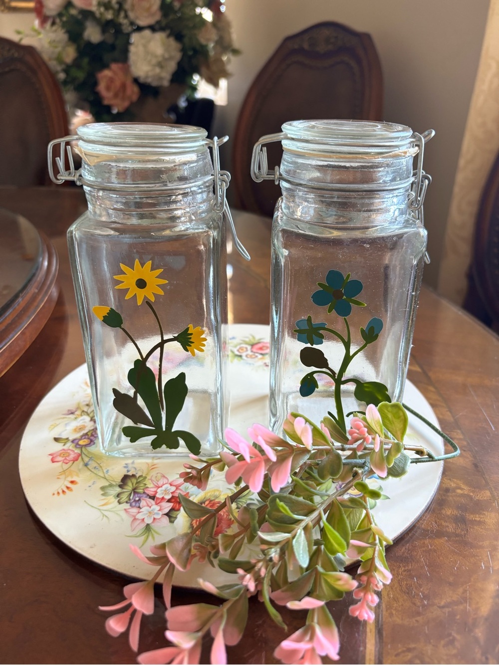 Set of 2 Glass Clip-Top Canisters with Floral Decals - Yellow & Teal New